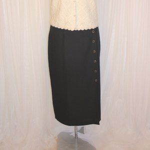 1990s Vintage Size S/M Black Midi Skirt With Side Slit Decorative Black and Gold